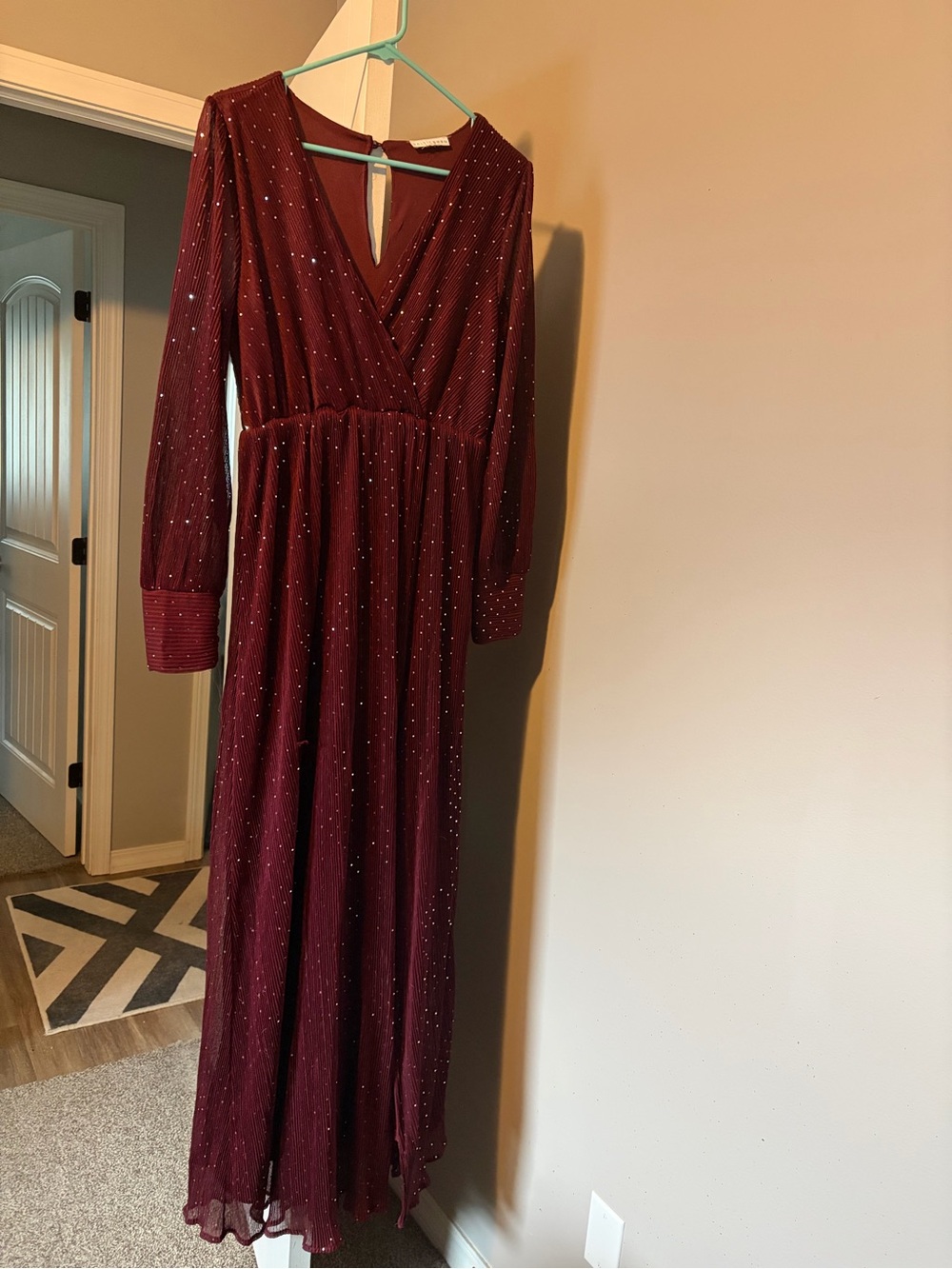 BalticBorn Elegant Burgundy Long-Sleeve Maxi Dress with Subtle Sparkle- Large